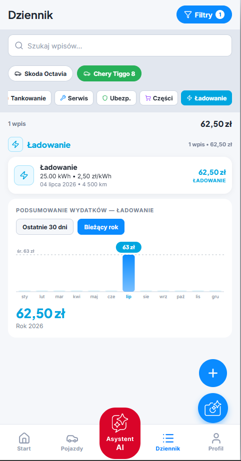 Ekran Dziennik w aplikacji autototu
