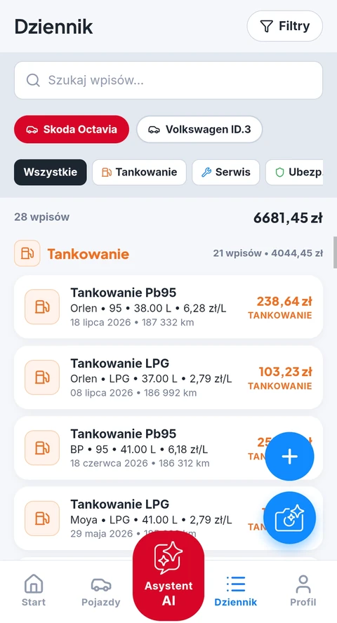 Ekran Dziennik w aplikacji autototu