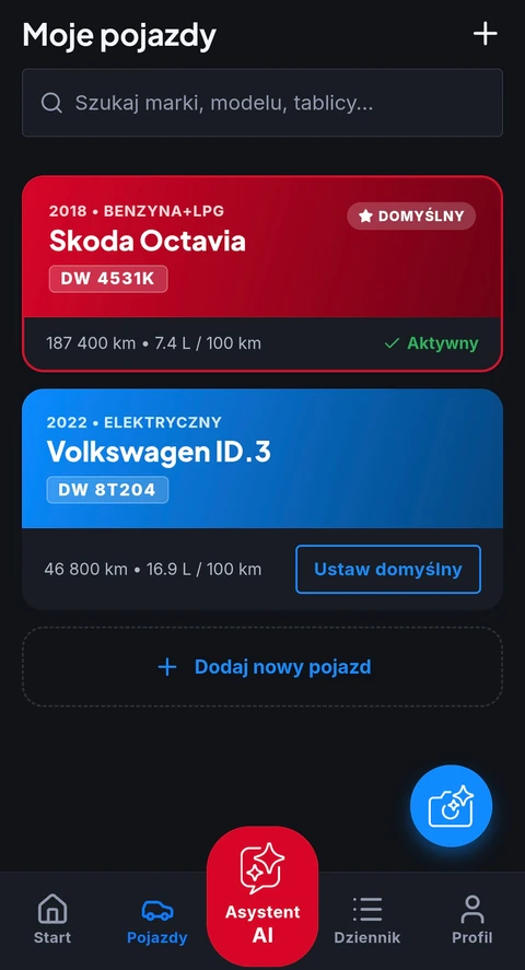 Ekran Pojazdy w aplikacji autototu